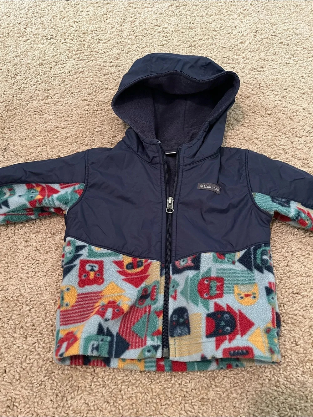 Columbia Toddler Navy Hooded Jacket with Colorful Patterned Fleece